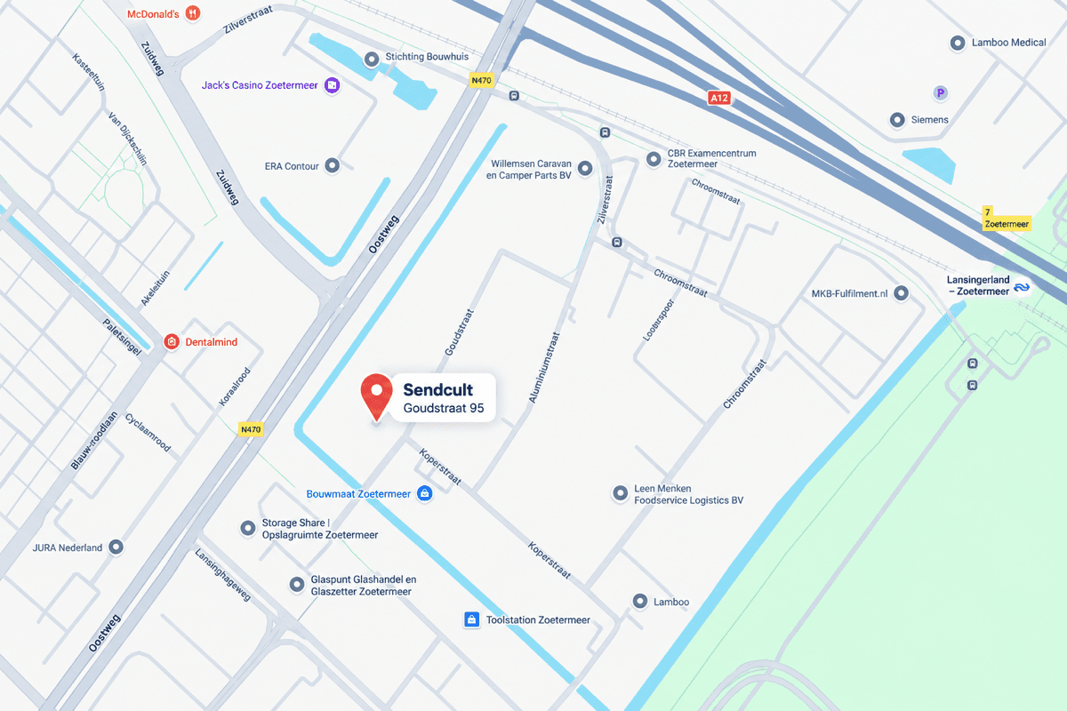 Kaart met de locatie van Sendcult aan de Goudstraat in Zoetermeer